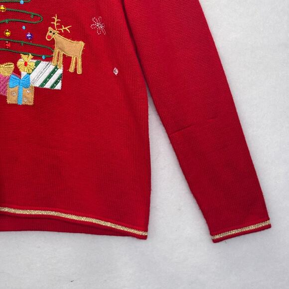 Womens Red & Gold Snowman Reindeer Christmas Tree Ugly Sweater Holiday Sz M - Picture 5 of 8